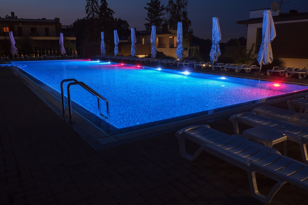 Beautiful,View,Of,The,Illuminated,Summer,Outdoor,Pool.,Night,Time.